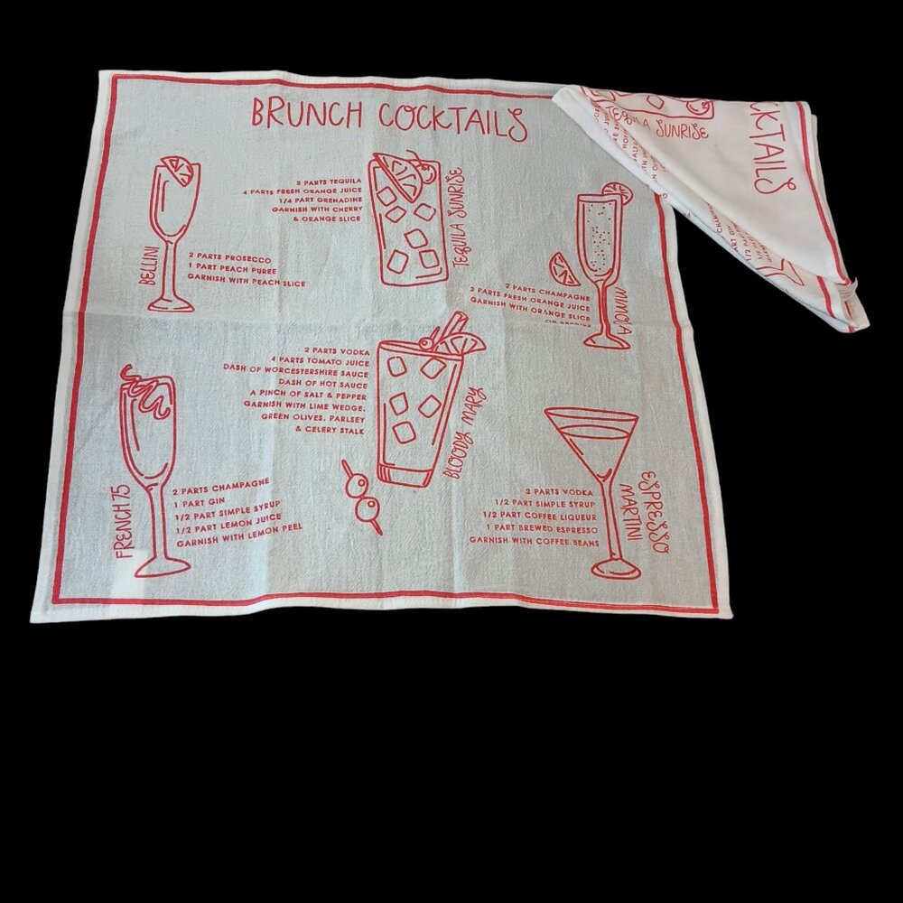 Brunch Cocktails Tea Dish Towel Bar Cart Mixology 100% Cotton Set Of Two